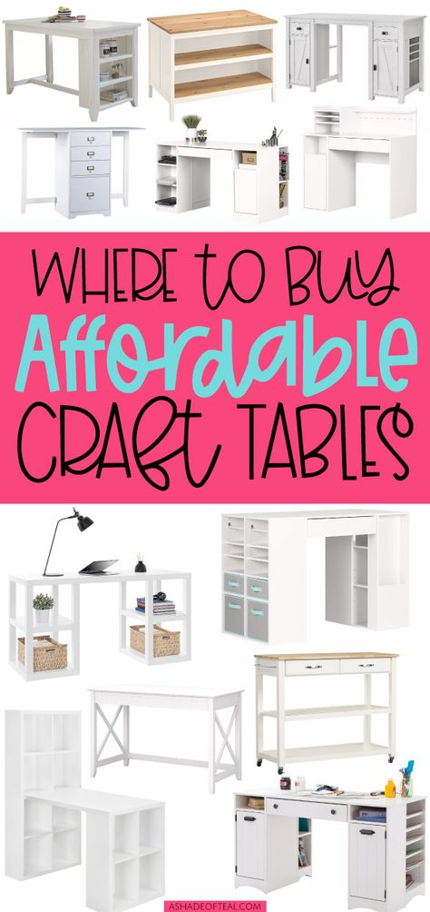 Craft Table In Closet, Craft Room Tables Desks, Craft Desk For Small Spaces, Craft Work Space Ideas, Sewing Room Table Ideas, Craft Room Furniture Layout, Craft Office Ideas Small Spaces, Desk For Craft Room, Diy Cricut Table With Storage