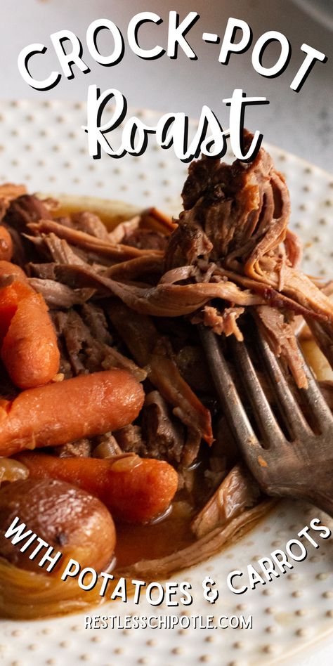 Crockpot roast with potatoes, carrots, and onions is an easy one pot meal! Simple ingredients create big flavor with this classic recipe that the pickiest eater will dive into. Best Crockpot Pot Roast, Pot Roast Crock Pot Recipes Easy, Crockpot Pot Roast Recipe, Easy Christmas Dinner Recipes, Chuck Roast Crock Pot Recipes, Crock Pot Chuck Roast, Roast Crock Pot Recipes, Delicious Pot Roast, Beef Roast Crock Pot