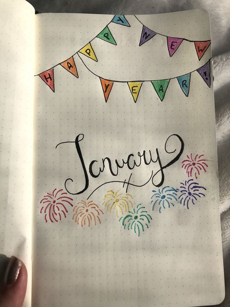 January page of my bullet journal #january #bujo #bulletjournal #newyear #journal January Journal Design, Bullet Journal 1st Page, January Scrapbook, January Bujo, 2025 Journal, Journal January, January Bullet Journal, School Book Covers, Creating A Bullet Journal