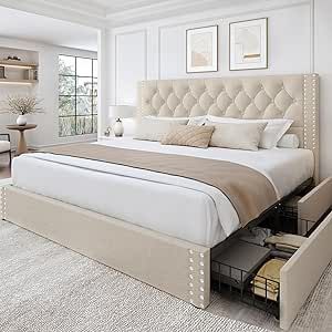 Beige Bed Frame, Linen Upholstered Bed, Tufted Bed Frame, King Size Platform Bed, Bed Frame With Drawers, Platform Storage, Lit King Size, Bed Upholstered, Tufted Bed