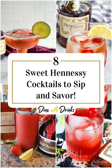 Collage of 4 sweet hennessy cocktails. Hennessy Christmas Drinks, Hennessy White Cocktails, Hennessy Mixed Drinks Recipes, Hennessy And Stella Rose Black Recipe, Drinks Made With Hennessy, Cocktails With Hennessy, Mixed Drinks With Hennessy, Henny Cocktails, Hennessy Cocktails Recipes