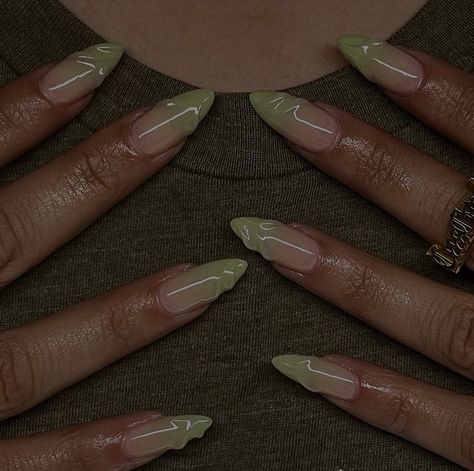 Cheap Acrylic Nails Design, White And Green Almond Nails, Green Nails Acrylic Oval, Almond Mint Green Nails, Simple Baddie Nails Almond, Ombre Sage Green Nails, March Nail Inspo Almond, Green Full Set Nails, 90s Almond Nails