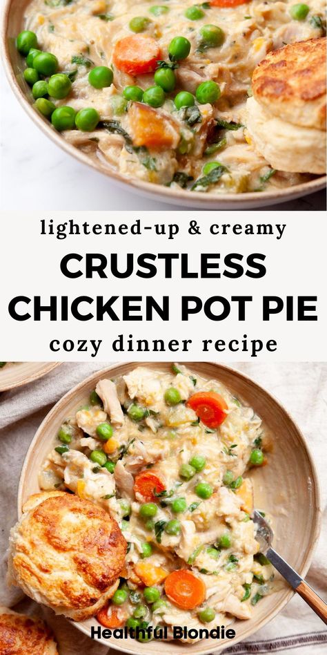 Everybody will love this cozy and comforting chicken pot pie soup! It’s ready in under 30 minutes, packed with protein, and made with rotisserie chicken and sweet potatoes - an easy and healthy one pot dinner recipe with chicken. No pie crust is needed! Easy But Healthy Dinner Recipes, Healthy Chicken Pot Pie Crockpot, One Pot Chicken Pot Pie, One Pot Chicken Recipes For Dinner, Chicken Pot Pie Recipe Healthy, Warm Hearty Meals Dinners, Healthy Dinner Recipes With Rotisserie Chicken, Family Meal Ideas Healthy, Rotisserie Chicken Healthy Recipes