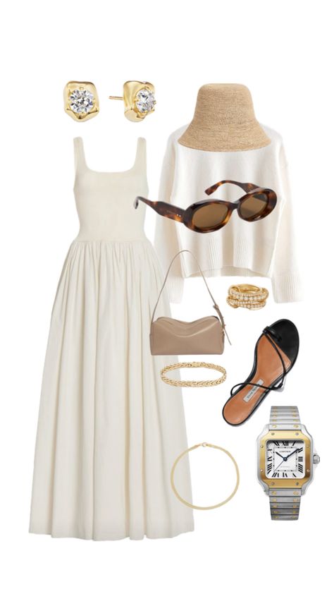 Knit cotton cream dress | gucci sunglasses | black sandals | cartier watch | straw bucket hat | luxury outfit | vacation outfit Luxury Outfit, Straw Bucket Hat, Stylish Summer Outfits, Cotton Maxi Dress, Stylish Work Outfits, Easy Trendy Outfits, Cotton Maxi, Summer Fashion Outfits, New Classic