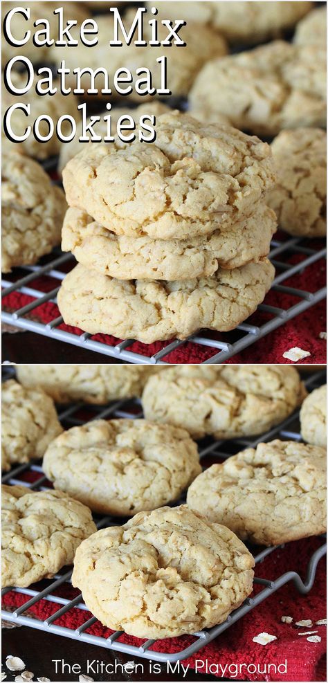 Cake Mix Oatmeal Cookies on cooling rack Cookies From Cake Mix 3 Ingredients, Ww Cookie Recipes, Oatmeal Cookies With Pudding Mix In Them, Yellow Cake Cookies, Vanilla Cake Mix Cookies Recipes, Cake Mix Oatmeal Cookie Bars, Quick Oatmeal Cookies, Cake Mix Oatmeal Cookies Recipes, Crisco Oatmeal Cookies Recipe