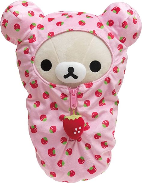 Korilakkuma Strawberry, Pink Sleeping Bag, Rilakkuma Plushie, Comfy Decor, Rilakkuma Plush, Strawberry Pattern, Kawaii Plushies, Toy Brand, Kawaii Room