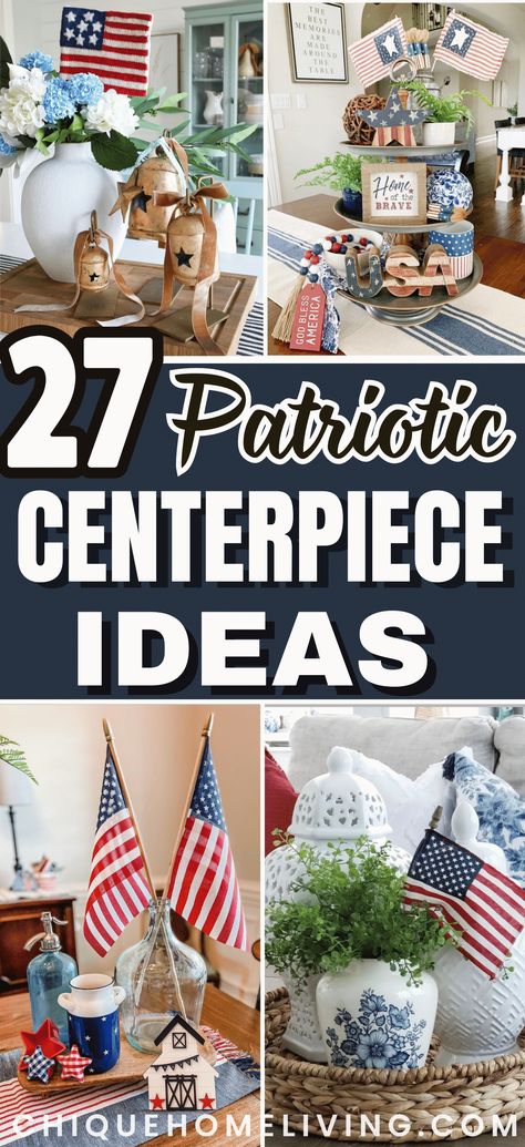 Make a bold statement this 4th of July with these 27 best patriotic centerpiece ideas! From vibrant floral arrangements to DIY crafts, find inspiration to elevate your holiday decor with red, white, and blue flair. 🇺🇸🌟 #PatrioticDecor #CenterpieceIdeas #FourthOfJuly Patriotic Table Centerpieces Diy, Elegant Patriotic Table Decorations, Red White And Blue Centerpieces Diy, Veterans Day Table Centerpieces, Patriotic Centerpieces Elegant, Veterans Day Centerpieces Table Decorations, July 4 Table Decorations, Elegant Patriotic Decor, 4th Of July Arrangements