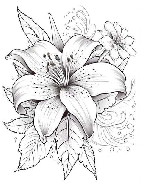 Cool Flower Designs, Tattoo Flower Stencil, Floral Drawing Ideas, Lily Tattoo Stencil, One Color Drawing, Flower Drawing Color, Floral Art Drawing, Flowers Art Drawing, Flower Draw