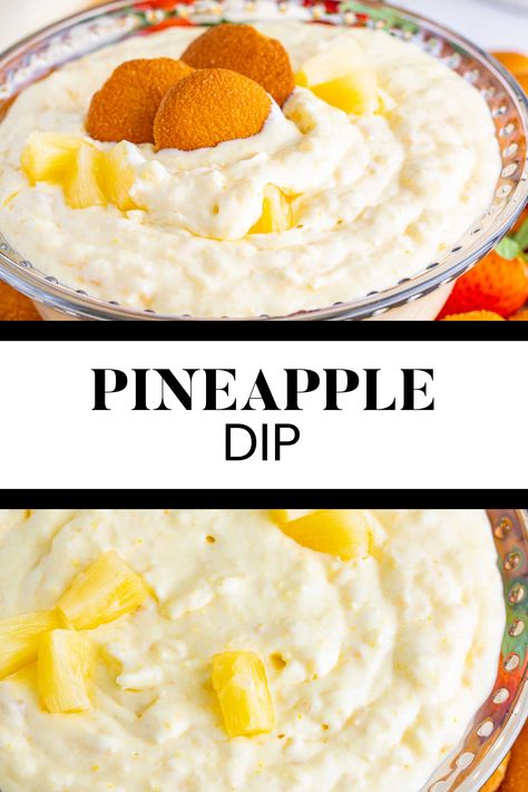 Two image collage of pineapple dip. First image is the dip with a few cookies in it. Second image is a bowl of dip. Poolside Hawaiian Dip, Pineapple Dip Cream Cheese, Pineapple Dip Recipe, Hawaiian Dip, Coconut Dip, Sweet Potato Dip, Pineapple Dip, Dish Sides, Recipes Deserts