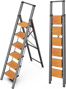 WOA WOA Step Ladder 6 Step Folding, Foldable Tall Ladder with Handrail, Aluminum Stepladder for High Ceilings, Lightweight, Deep Pedals, Anti-Slip Feet, Capacity 300 lbs - Black & Wood Grain Foldable Ladder, Tall Ladder, Step Ladder, Metal Furniture, Black Wood, High Ceiling, Wood Grain, Ceiling, Thing 1