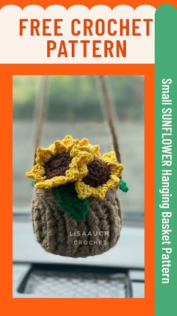 Small sunflower crochet pattern with hanging basket Margarita Flower, Sunflower Basket, Crochet Plants, Crochet Plant Hanger, Crochet Succulent, Small Sunflower, Crochet Car, Crocheting Ideas, Hanging Flower Baskets