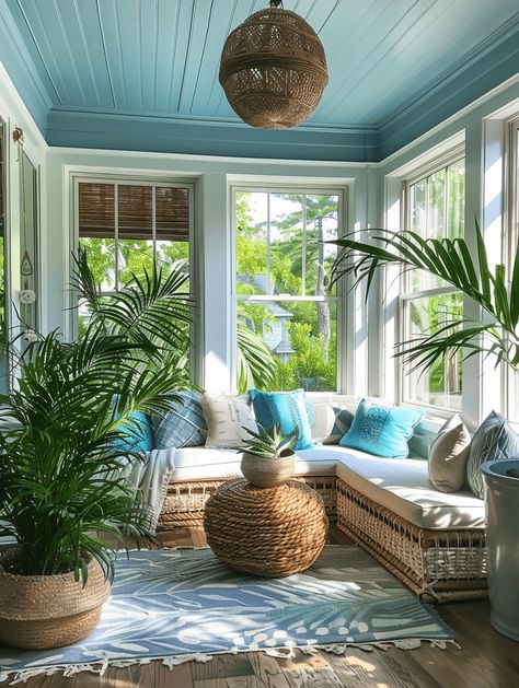 17 Airy Boho Sunroom Designs to Create Your Perfect Relaxation Spot Cozy Spots At Home, Simple Beach Living Room, Tropical Screened Porch Ideas, Beach Sunroom Ideas, How To Style A Sunroom, Sun Porch Furniture Ideas, Front Sunroom Ideas, Furniture For Sunroom Room Ideas, Small Sunroom Ideas Modern