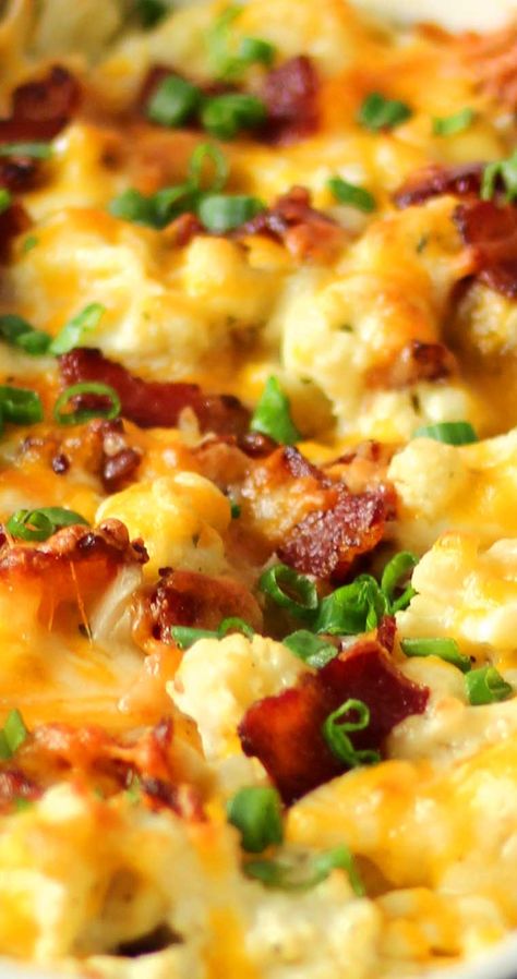 Bacon Cheddar Ranch Cauliflower Casserole - Sparkles of Yum Keto Cauliflower Casserole Recipes, Broccoli Cauliflower Bacon Casserole, Bacon Ranch Cauliflower, Cauliflower Bacon Cheese Casserole, Cauliflower Bacon Au Gratin, Cauliflower Bacon Casserole, Cheddar Bacon Ranch Roasted Cauliflower, Cauliflower Chicken Bacon Ranch Casserole, Bacon Cheddar Cauliflower Bake