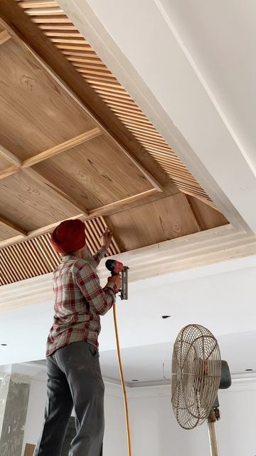 Architect~Interior designer~Planning on Instagram: "Wood double ht ceiling" New Ceiling Design For Bedroom, Ply Ceiling Design, Double Ht Ceiling Design, Wood Ceiling Feature, Ceiling Drop Design, Amazing Ceiling Design, Entryway Ceiling Ideas Wood, Double Ceiling Design, Fluted Ceiling Design