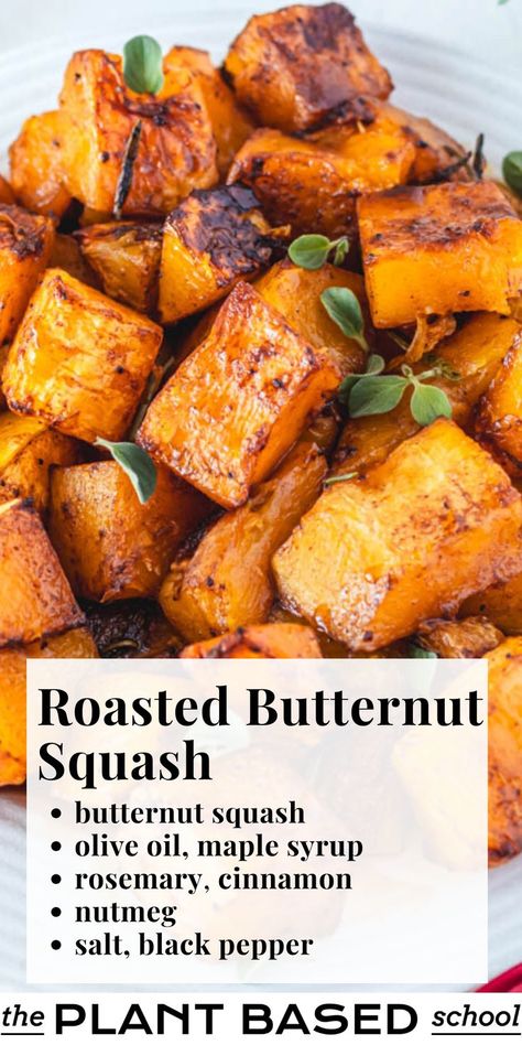 Diced butternut squash is seasoned with a cozy and mouthwatering mix of spices, herbs, and a hint of maple syrup to enhance its sweetness. Butternut Squash Side Dish, Resep Vegan, Butternut Squash Recipes Roasted, Butternut Squash Sweet, Butternut Recipes, Winter Squash Recipes, Plant Based School, Baked Butternut Squash, Baked Squash