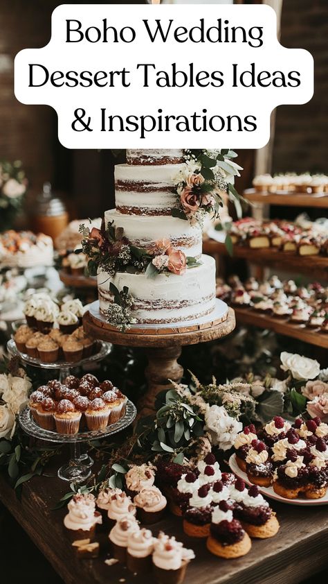 Boho wedding dessert table featuring a rustic cake display and an assortment of eclectic desserts with bohemian-inspired decorations. Boho Fall Wedding Dessert Table, Wedding Dessert Cart Ideas, Cake Table Boho Wedding, Wedding Cake Dessert Ideas, Desserts Table Wedding, Round Dessert Table Display, Boho Party Cake, Sweet Table Wedding Rustic, Wedding Cake Table Ideas Elegant Simple