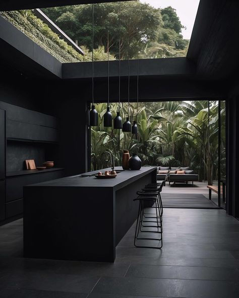 Can you see yourself embracing the green life in this luxurious retreat? Design: @black_design_journal & @bali_interior_ideas Creative: @naira_interior_official Follow @breckandfox for more! Dark Modern Kitchen, Tropical Backdrop, Black Cabinetry, Modern Black Kitchen, Window Photo, Berlin Apartment, Dark Modern, Black Interior Design, Minimalist Kitchen Design