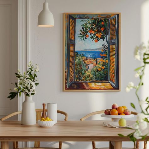 NEW in my Matisse Fauvism collection. More dreamy open window views. Transform your space with this best selling collection.🌿🌊 Discover our new posters featuring vibrant open windows to dreamy escapes (imagine opening your windows to these views 😫) These newbies ft. a lush jungle with a parrot and a serene Mediterranean coastal view complete with orange trees. 🍊🌞 #dreamyaesthetic #dreamydecor #fauvismart #matisseinspired #contemporarypainting #postercollection #artprints #dopaminedecor #prin... Art Ideas For Wall Decor, 3 Paintings On Wall Ideas, How To Choose Wall Art, Paintings Of Windows, Windows Decoration Ideas, Diy Art Paintings, Window View Painting, Paintings Interior Design, Paintings On Wall