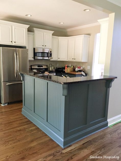 Adding Beadboard to the Bar - Southern Hospitality Kitchen Bar Paint Ideas, Bottom Of Kitchen Island Ideas, Beadboard Around Kitchen Island, Kitchen Bar Makeover, Knoxville Gray, Island Makeover, Beadboard Kitchen, Top Cabinets, Kitchen Island Makeover