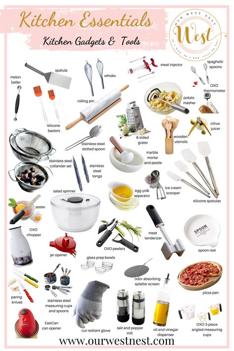 Kitchen Requirements List, Kitchen Cooking Essentials List, All Kitchen Utensils, Necessary Kitchen Items, Things For The Kitchen, Kitchen Ingredient Essentials, Essential Kitchen Items List, Cooking Essentials List, Essential Kitchen Utensils List