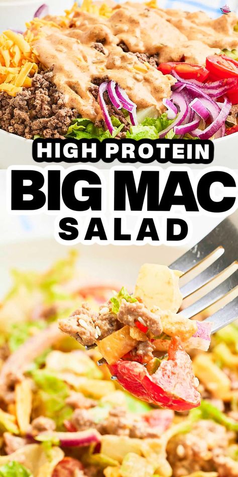 Who says salads have to be boring? Swap your burger for a bowl and dive into this delicious homemade Big Mac salad. It's loaded with all the classic flavors you love - juicy beef, sharp cheddar cheese, crunchy pickles, and a spot-on Big Mac sauce that you can whip up right at home. #cheerfulcook #copycatrecipe #bigmacsalad #groundbeefsalad #betterthantakeout #easyrecipes #salad via @cheerfulcook Low Carb Big Mac Bowl, Big Mac Bowls Keto, Best Bowls Recipe, Cheese Burger Salad Keto, Big Mac Salad Low Carb, Keto Burger Salad, Big Mac Bowls Healthy, Big Mac In A Bowl Keto, In A Bowl