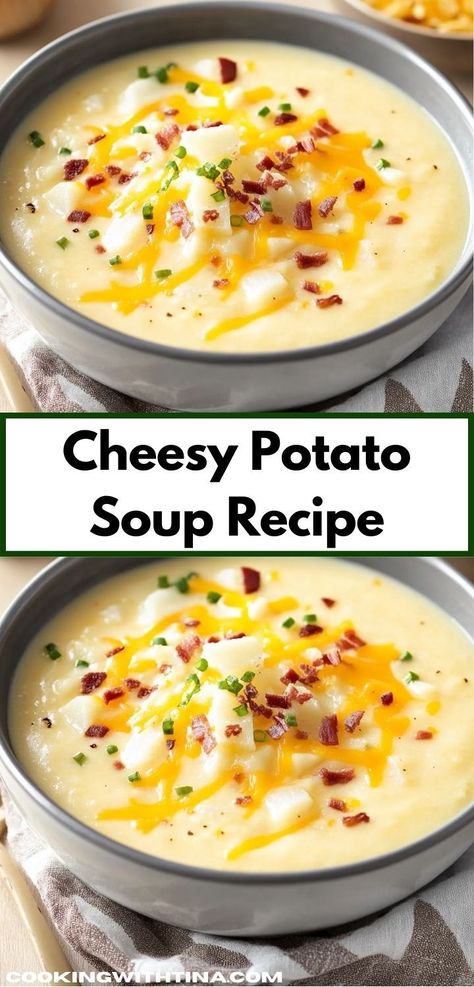 Craving a deliciously rich meal without the hassle? This Cheesy Potato Soup can be whipped up in no time, offering a delightful mix of cheesy and hearty flavors. An ideal choice for quick family dinners or weeknight meals. Cheesy Potato Soup Recipe, Cheesy Potato Soup Easy, Creamy Cheesy Potatoes, Cheesy Potato Soup, Potato Soup Easy, Potato Soup Crock Pot, Creamy Potato Soup, Cheesy Potato, Baked Potato Soup