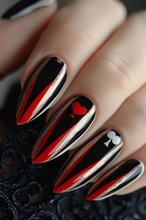 Striped Casino Chic Nail Ideas For Vegas Nail Ideas For Vegas, Nails For Las Vegas Trip, James Bond Nails, Casino Theme Nails, Casino Nails Designs, Vegas Inspired Nails, Las Vegas Nails Ideas, Poker Nails, Vegas Nails Ideas