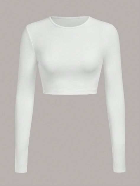 SHEIN BASICS Cotton Solid Fitted Crop Top | SHEIN USA White Tops Long Sleeve, Cute White Long Sleeve Tops, Shein White Top, Long Sleeve White Top Outfits, Crop Top Elegante, White Crop Long Sleeve, White Crop Top Long Sleeve, White Long Sleeve Outfit, White Basic Top