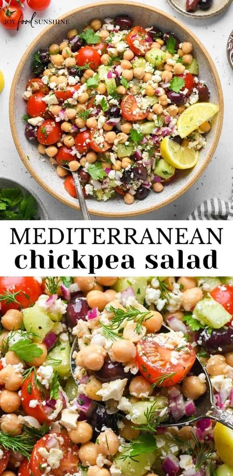 In this Mediterranean chickpea salad recipe, chickpeas, tomatoes, feta and fresh herbs are tossed in a delicious homemade dressing for healthy salad rich in fiber and protein. Salat Bowl, Chickpea Salad Recipe, Mediterranean Recipes Healthy, Mediterranean Chickpea, Mediterranean Diet Recipes Dinners, Mediterranean Chickpea Salad, Mediterranean Diet Meal Plan, Easy Mediterranean Diet Recipes, Chickpea Salad Recipes