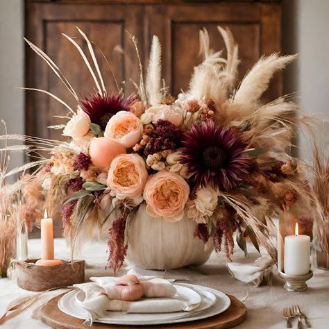 Nature Table Decorations, Thanksgiving Pumpkin Flower Arrangements, Simple Country Centerpieces, Unique Fall Centerpieces, White Fall Floral Arrangements, Fall Thanksgiving Centerpieces, Neutral Fall Party Decor, Large Boho Floral Arrangements, Boho Chic Bridal Shower Centerpieces