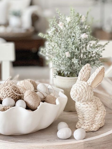 Spring Console Table Decor, Neutral Easter Decor, Modern Easter Decor, Bunny Figurines, Summertime Decor, Spring Cottage, Modern Easter, Farmhouse Easter Decor, Easter Tablescapes