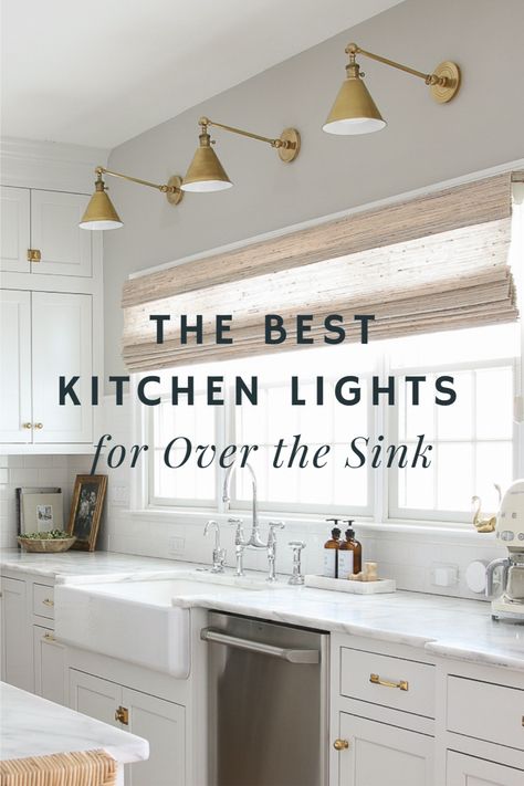 Kitchen No Pendant Lights, Brass Kitchen Sink Light, Gooseneck Kitchen Lighting, Wall Mounted Over Kitchen Sink Lighting, Sconces By Kitchen Sink, Over Window Kitchen Lighting, Brass Over Sink Lighting, Lighting Over Sink Window, Above Window Lighting