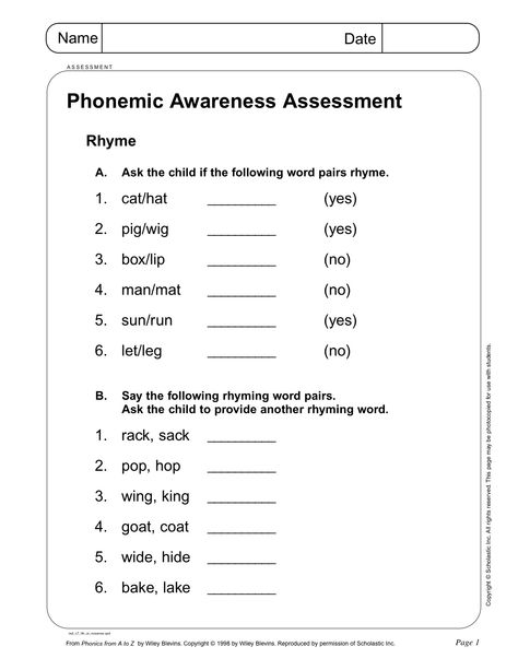 Phonemic Awareness Assessment page 1 from Scholastic- Teacher Learning Sounds, Cvc Worksheets Kindergarten, Phonemic Awareness Kindergarten, Phonics Assessments, Tutoring Ideas, Senses Preschool, Classroom Assessment, Phonological Awareness Activities, Reading Tutoring