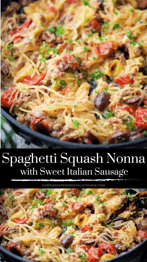 Spaghetti squash nonna-style tossed with roasted grape tomatoes, garlic, Kalamata olives and sweet Italian ground sausage.  #spaghettisquash #sausage #glutenfree #keto #lowcarb Chicken Sausage And Spaghetti Squash, Spaghetti Squash With Steak Recipes, Spaghetti Squash Sides Recipes, Ground Pork Spaghetti Squash, Spaghetti Squash Sausage Casserole, Pesto Spaghetti Squash Recipes, Chicken Sausage Spaghetti Squash, Spaghetti Squash And Italian Sausage, What To Do With Ground Sausage