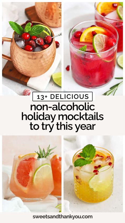 Looking for non-alcoholic Christmas drinks to serve this season? These holiday & Christmas mocktail recipes are perfect for kids & grown-ups! Choose from refreshing holiday mocktails like Non-alcoholic moscow mules and Cranberry Lime spriters to kid-friendly Christmas drinks like Shirley Temples & Mint Limeade. There's a festive Christmas drink for everyone! Easy Mocktails For Party, Mocktails Non Alcoholic At Bar, Best Non Alcoholic Drinks For Party, Nonalcoholic Drinks For A Crowd, Cranberry Pineapple Mocktail, Non Alcoholic Mule, Drinks For Brunch Non Alcoholic, 8 Best Christmas Mocktails, Christmas Cocktail Non Alcoholic