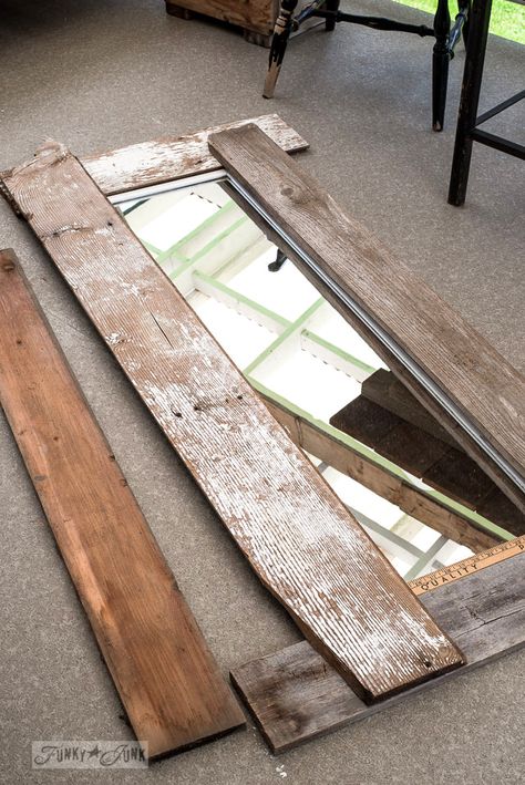 Framing A Mirror With Wood, What To Do With Old Mirrors Ideas, Barnwood Full Length Mirror, Rustic Wood Framed Mirror, How To Frame A Mirror With Wood, How To Make A Frame For A Mirror, Rustic Mirrors Farmhouse Style, Wooden Mirror Frame Design, Framing A Mirror