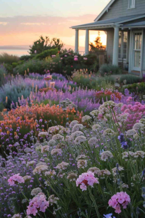 34 Enchanting Flower Garden Designs for a Charming Frontyard Garden Meadow Ideas, Huge Flower Garden, Lush Flower Garden, Wild Flowers In Front Of House, Natural Flower Garden, Floral Garden Aesthetic, Beautiful Flower Garden Ideas, Wild Flower Front Yard, Meadowscaping Front Yard