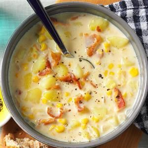 Bacon-Potato Corn Chowder Recipe -I was raised on a farm, so a warm soup with homey ingredients, like this one, was always a treat after a chilly day outside. My hearty chowder nourishes the family. —Katie Lillo, Woodbury, MN Bacon Potato Corn Chowder, Bacon Corn Chowder, Potato Corn Chowder, Corn Chowder Recipe, Bacon Potato, Best Soup Recipes, Winter Soups, Corn Chowder, Chowder Recipes