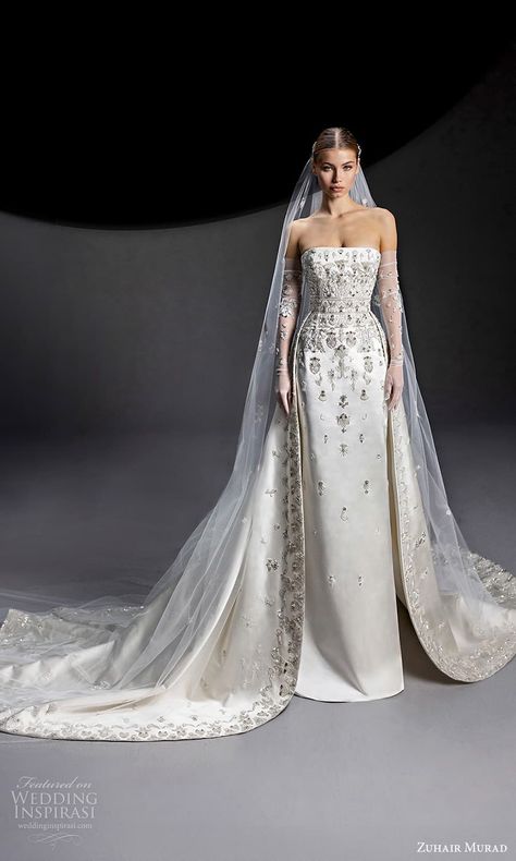 Weddinginspirasi.com featuring - zuhair murad fall 2024 bridal strapless straight across neckline embellished bodice column wedding dress a line overskirt chapel train (6) mv -- Zuhair Murad Fall 2024 Wedding Dresses #wedding #weddings #bridal #weddingdress #weddingdresses #bride #fashion #label:ZuhairMurad #season:Fall/Winter #week:462023 #year:2024 ~ Fall 2024 Wedding, Wedding Dresses Zuhair Murad, Zuhair Murad Bridal, Baju Kahwin, Column Wedding Dress, Classy Wedding Dress, Pretty Wedding Dresses, Fancy Wedding Dresses, Dream Wedding Ideas Dresses