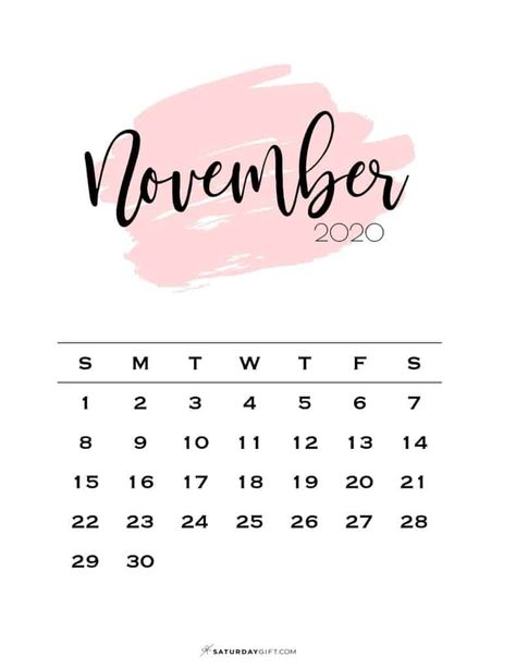 11 Monthly Calendar Pink Brush November 2020 | SaturdayGift Pretty Calendar, Printable December Calendar, Pink Calendar, Calendar Designs, 2020 Calendar Template, Free Calendar Template, September Calendar, November Calendar, October Calendar