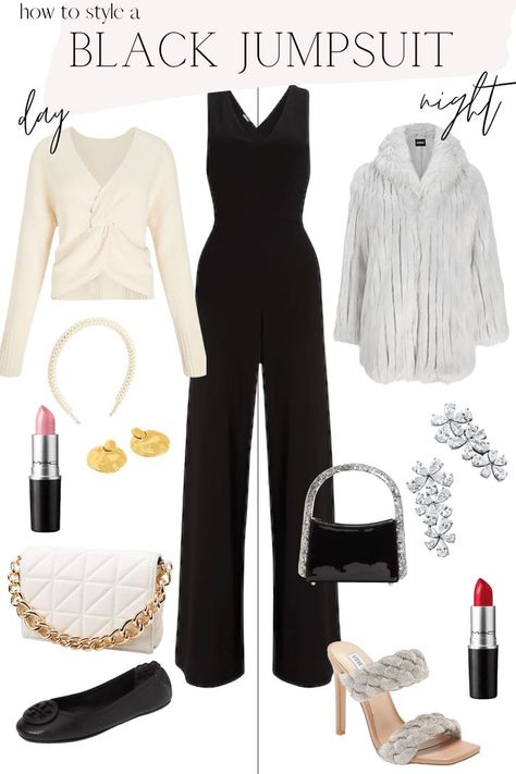 Winter Jumpsuit Outfit Classy Formal, Jumpsuits Outfit Casual, Jumpsuit For Winter Wedding Guest, From Day To Night Outfit Ideas, Jewelry For Black Jumpsuit, Black Jumpsuits For Women Classy, Strapless Jumpsuit Outfit Dressy, Black Jumpsuit Christmas Outfit, How To Accessorize A Black Jumpsuit For A Wedding