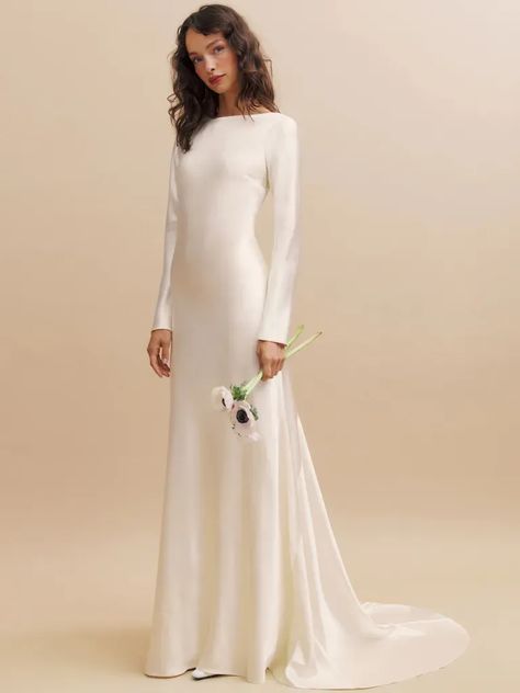 affordable Minimal silk long sleeve backless bridal gown Wedding Dress White Long Sleeve, Long Sleeve Minimal Wedding Dress, Long Sleeve No Lace Wedding Dress, Minimal Modest Wedding Dress, Long White Dress Satin, Fitted Sleeve Wedding Dress, Long Sleeve Wedding Dress Casual, Silk Minimalist Wedding Dress, Wedding Dresses Satin Long Sleeve