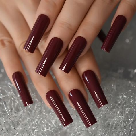 Includes 24 Nails Long Square Gel Nails, Square Gel Nails, Tapered Square Nails, Long Press On Nails, Red Acrylic Nails, Tapered Square, Nail Art At Home, Nails Salon, Burgundy Nails