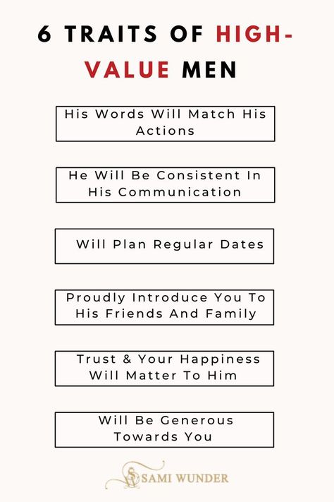 Top 6 signs of high-quality men when dating. High Standards For Men, High Standards Men List, High Quality Woman Traits, High Value Relationship, High Value Men Traits, Dream Man Qualities, Emotionally Avoidant Men, High Value Man Traits, High Value Men Aesthetic