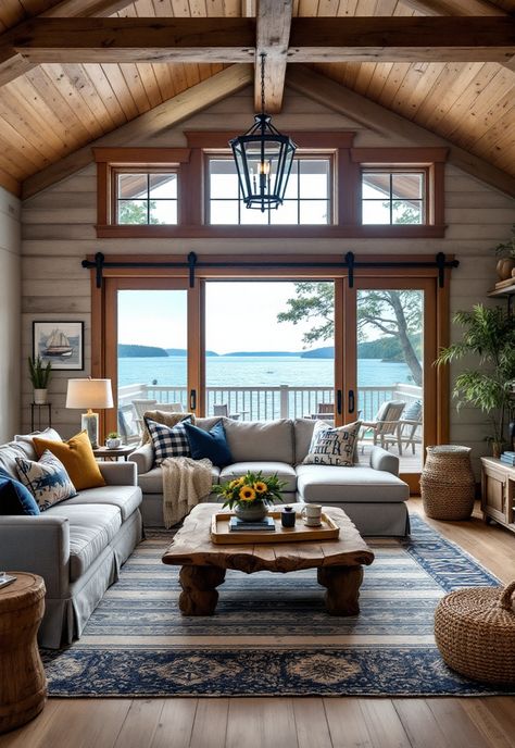 Rustic Living Room Coastal Cabin Living Room, Lake View Homes, Lakehouse Interiors, Lake House Living Room Ideas, Lake House Decor Living Room, Small Lake Cottage Interiors, Small Lake Cottage, Cozy Lake House, Weathered Wood Furniture