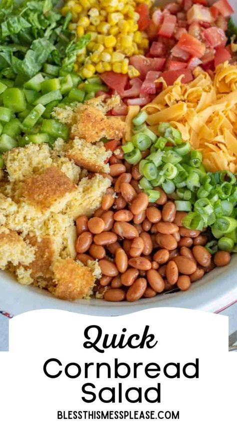 This easy Cornbread Salad recipe  has all of your favorite summertime flavors, like tomatoes, corn, pinto beans, and the star of the show, cornbread! This is a party favorite and perfect to take to a get-together. Summer food is the best. Cornbread Salad Recipe Southern, Cornbread Salad Trisha Yearwood, Okra Salad Recipes, Pinto Beans And Cornbread, Corn Bread Salad, Meatless Salads, Pinto Bean Salad, Mexican Cornbread Salad, Cold Corn Salad