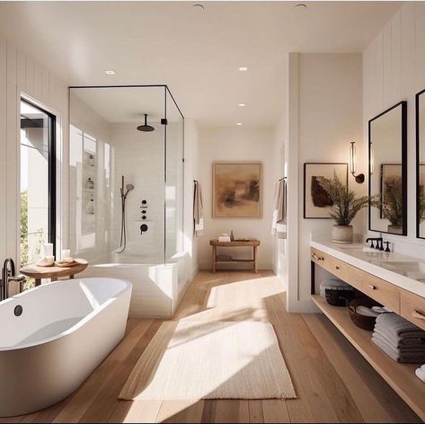 bathroom ideas Master Bath With Hardwood Floors, Beautiful Bathrooms Modern Luxury, Bathrooms With Dark Wood Floors, 10x10 Bathroom Layout, Modern Warm Bathroom, Resort Style Bathroom, Planning 2024, Large Bathroom Remodel, Luxury Minimalism