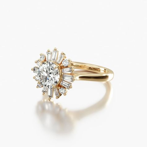 Ballerina Engagement Ring Vintage, Vintage Starburst Ring, Ballerina Engagement Ring, Rose Gold Round Engagement Ring, Yellow Gold Engagement Ring Set, Engagement Rings Halo, Baguette Halo, Vintage Engagement Rings Round, Ballerina Ring