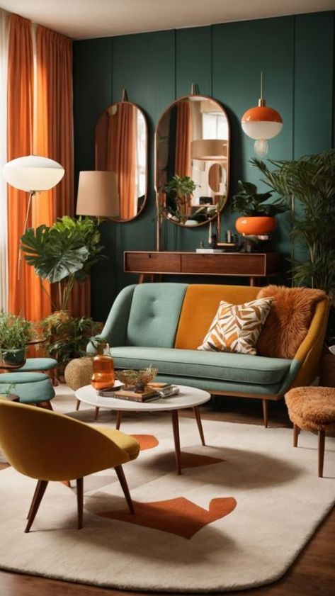 Boho Meets Mid Century Modern, Living Room Inspiration Mid Century Modern, Living Room Mid Century Modern Bohemian, Mcm Retro Living Room, 60s Style Living Room, Mid Mod Interior Design, Midcentury Boho Living Room Decor, Modern 70s Interior, Colorful Retro Apartment