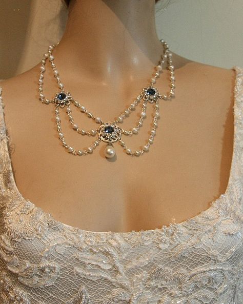 Vintage Bridal NecklaceWedding NecklaceBridal by mylittlebride Sapphire Stones, Pearl Jewelry Design, Bridal Pearl Necklace, Motifs Perler, Pearl Necklace Vintage, Stones Necklace, Pearl Necklace Designs, Pearl Necklace Wedding, Stone Wedding